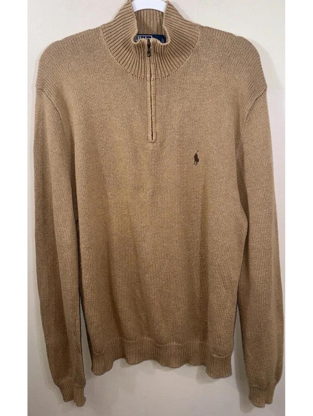 Vintage Polo Ralph Lauren Sweater Sz Large Tan Cotton 1/4 Zip Pullover Classic